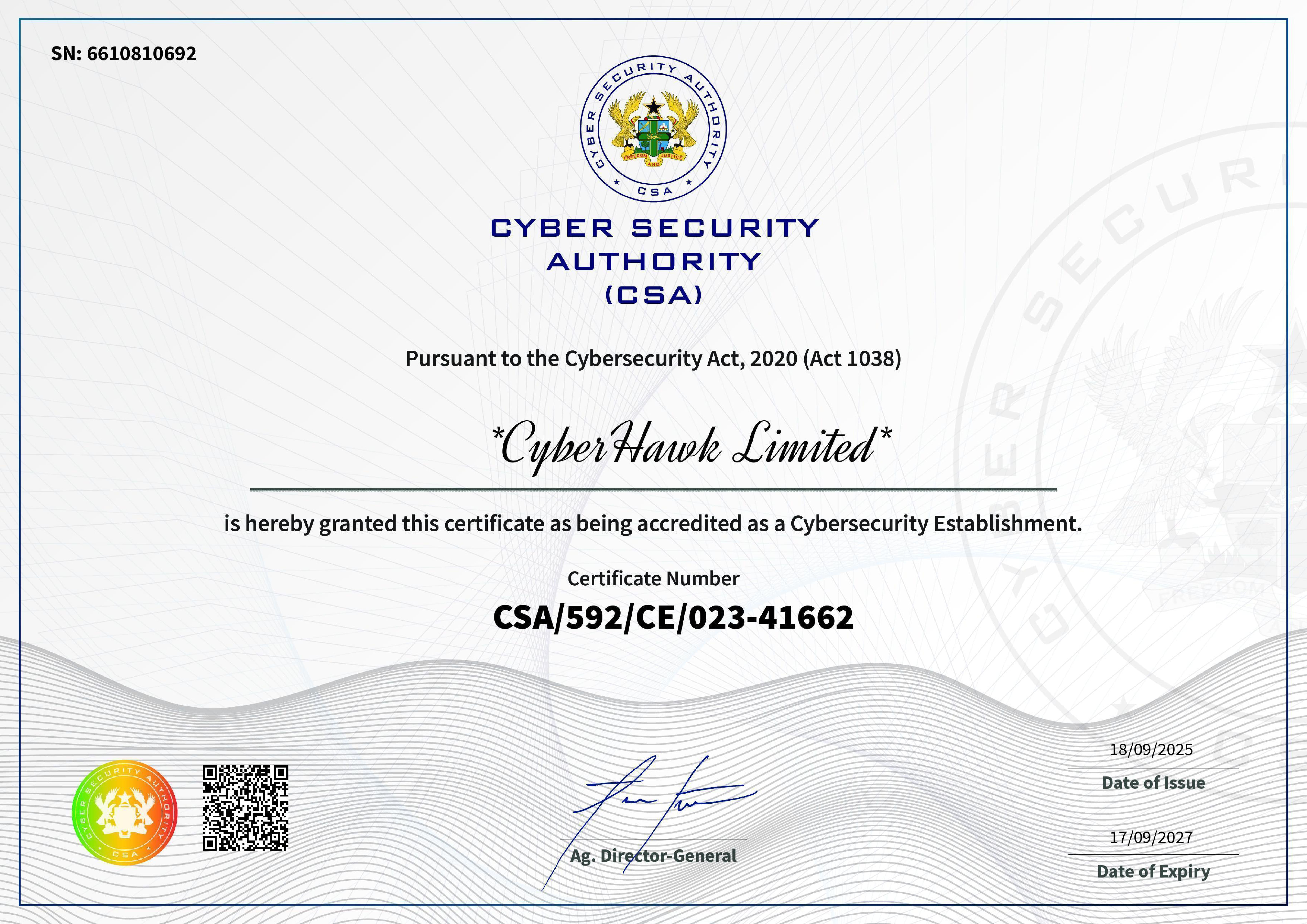 Cyberhawk Cybersecurity Establishment Certificate 01